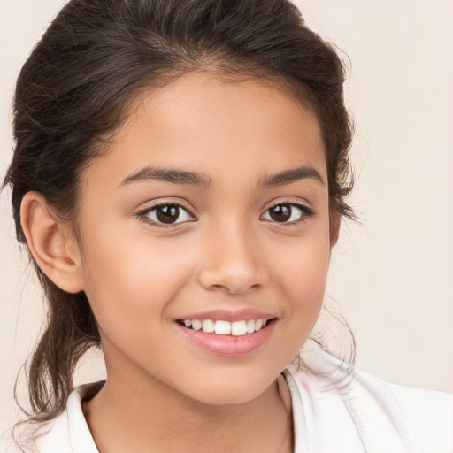 Joyful white child female with medium  brown hair and brown eyes