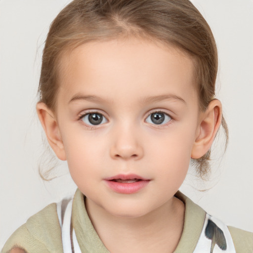 Neutral white child female with medium  brown hair and grey eyes