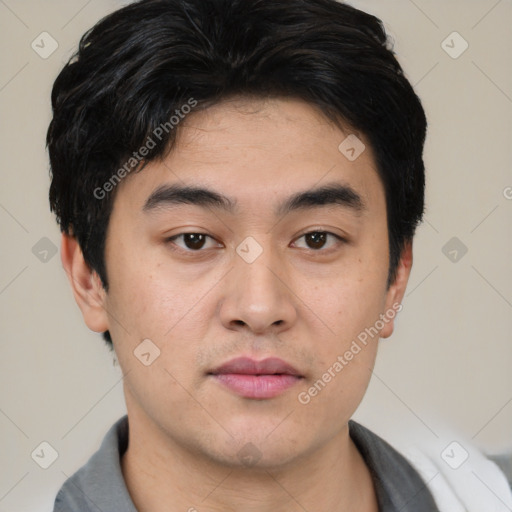 Neutral asian young-adult male with short  black hair and brown eyes