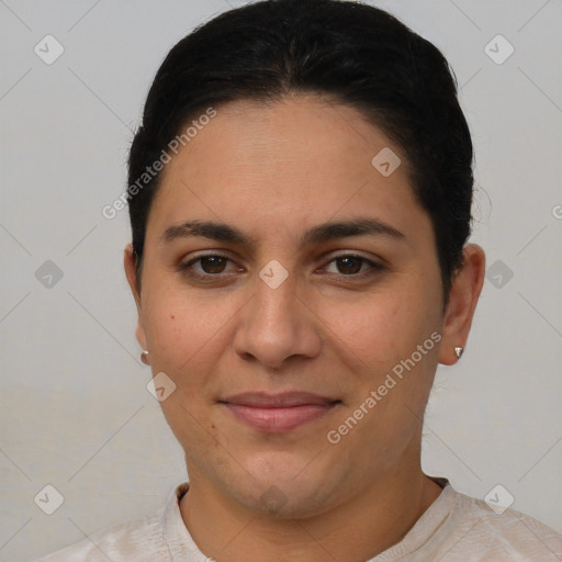 Joyful white young-adult female with short  brown hair and brown eyes