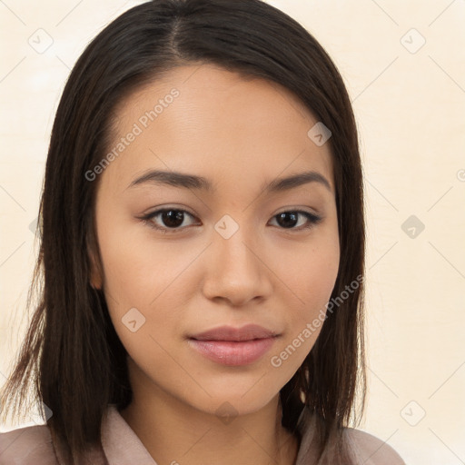 Neutral white young-adult female with long  brown hair and brown eyes