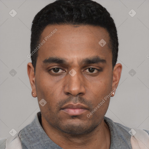 Neutral latino young-adult male with short  black hair and brown eyes