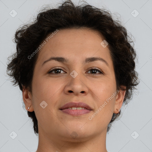 Joyful white adult female with short  brown hair and brown eyes