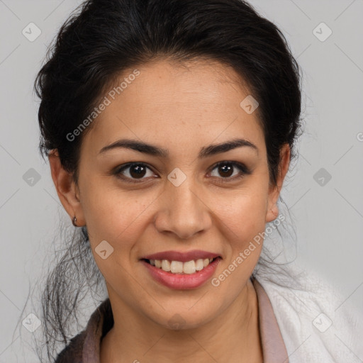 Joyful latino young-adult female with medium  brown hair and brown eyes