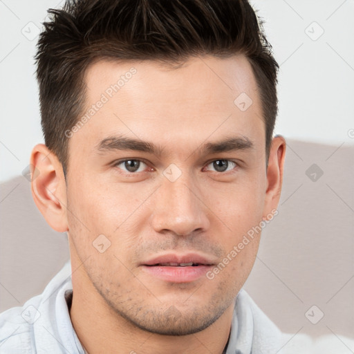 Neutral white young-adult male with short  brown hair and brown eyes