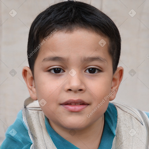 Joyful white child male with short  brown hair and brown eyes