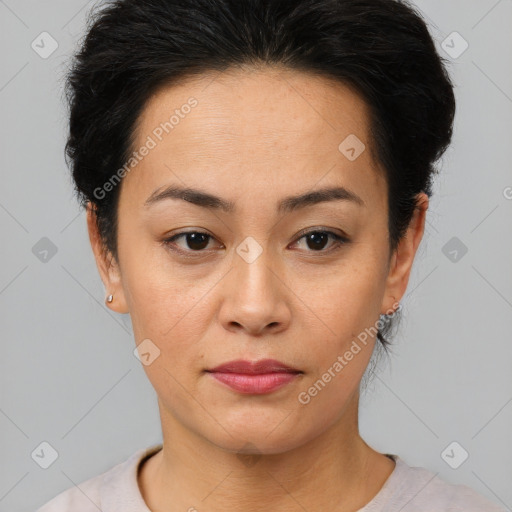 Neutral asian young-adult female with short  brown hair and brown eyes