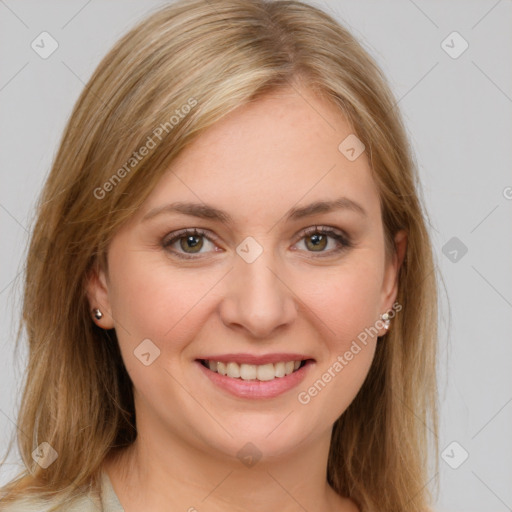 Joyful white young-adult female with medium  brown hair and grey eyes