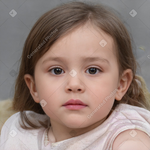 Neutral white child female with medium  brown hair and blue eyes