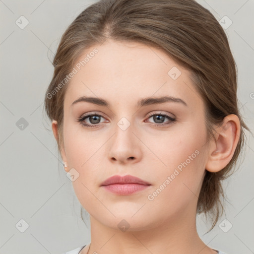 Neutral white young-adult female with medium  brown hair and grey eyes