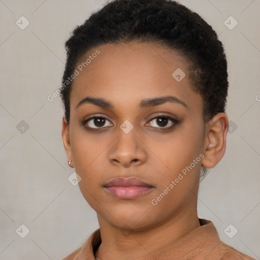 Neutral black young-adult female with short  black hair and brown eyes