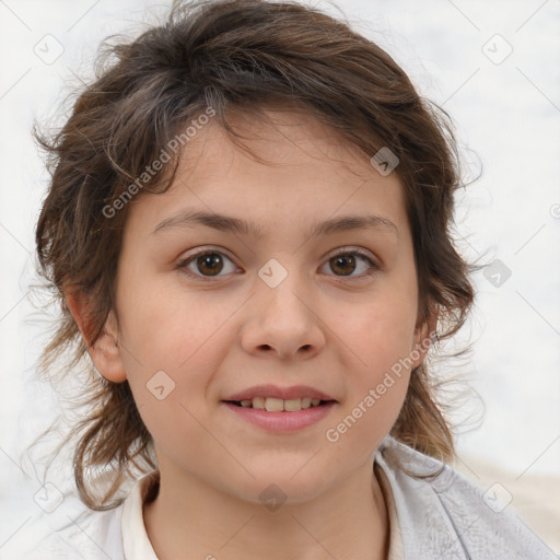 Joyful white child female with medium  brown hair and brown eyes