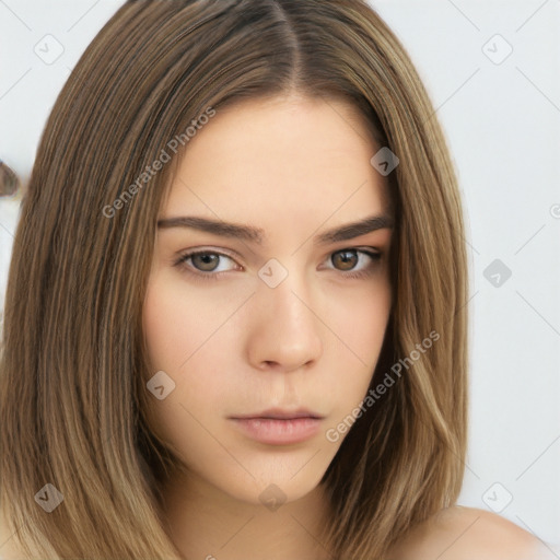 Neutral white young-adult female with long  brown hair and brown eyes