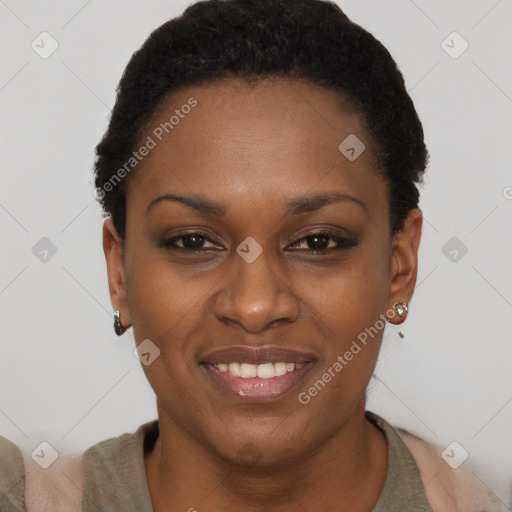 Joyful black young-adult female with short  brown hair and brown eyes