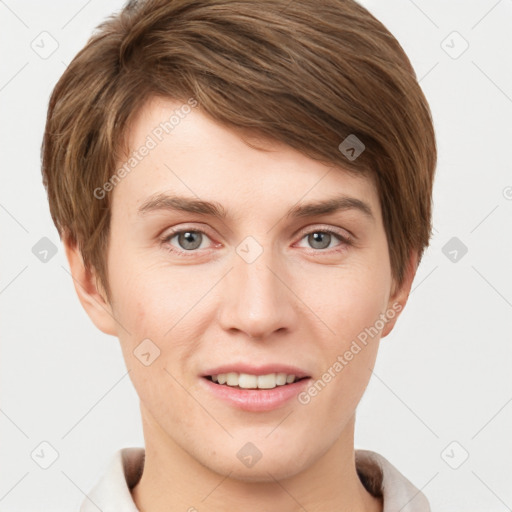 Joyful white young-adult female with short  brown hair and grey eyes