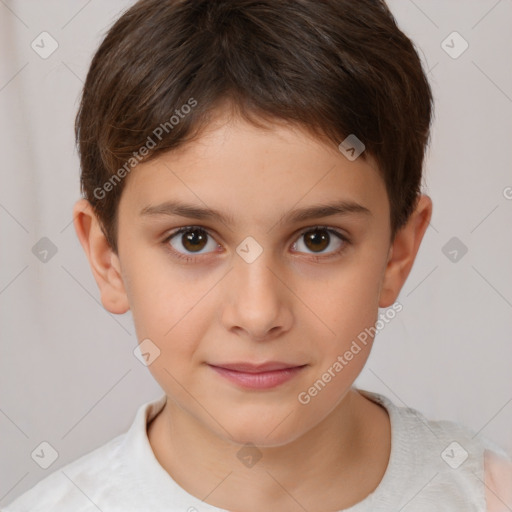 Joyful white child female with short  brown hair and brown eyes