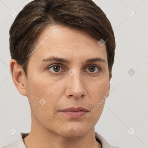 Neutral white young-adult female with short  brown hair and brown eyes