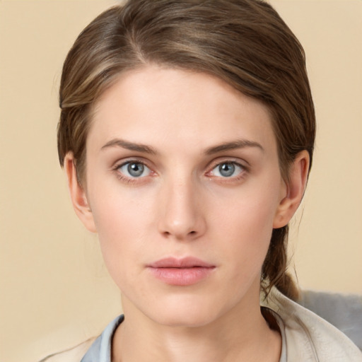 Neutral white young-adult female with medium  brown hair and grey eyes