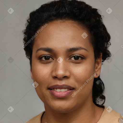 Joyful latino young-adult female with short  black hair and brown eyes