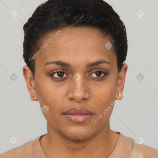 Neutral latino young-adult female with short  brown hair and brown eyes