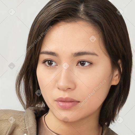 Neutral white young-adult female with medium  brown hair and brown eyes