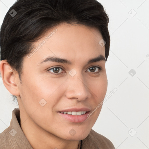 Joyful white young-adult female with short  brown hair and brown eyes