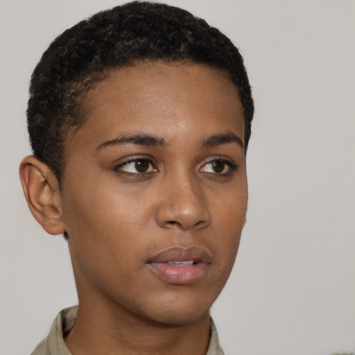 Neutral black young-adult female with short  brown hair and brown eyes