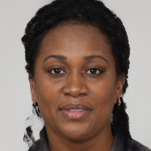Joyful black adult female with long  black hair and brown eyes