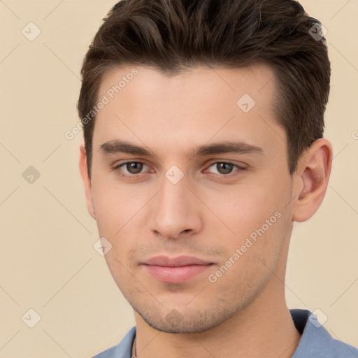 Neutral white young-adult male with short  brown hair and brown eyes