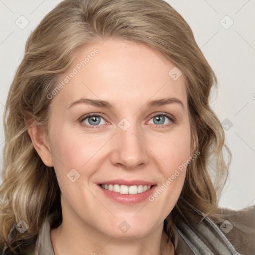 Joyful white young-adult female with medium  brown hair and blue eyes