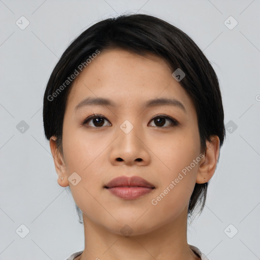 Neutral asian young-adult female with short  black hair and brown eyes