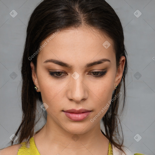 Neutral white young-adult female with medium  brown hair and brown eyes