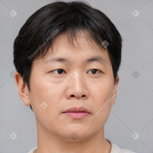 Neutral asian young-adult male with short  brown hair and brown eyes