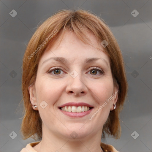 Joyful white young-adult female with medium  brown hair and blue eyes