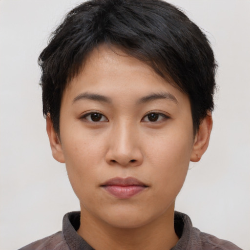 Neutral latino young-adult female with short  black hair and brown eyes
