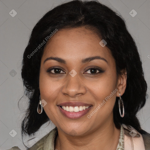 Joyful black young-adult female with medium  brown hair and brown eyes