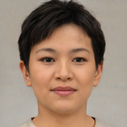 Joyful asian young-adult female with short  brown hair and brown eyes