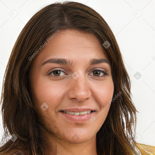 Joyful white young-adult female with long  brown hair and brown eyes