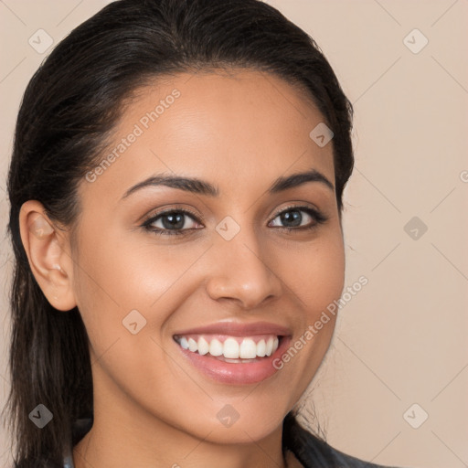 Joyful white young-adult female with long  brown hair and brown eyes