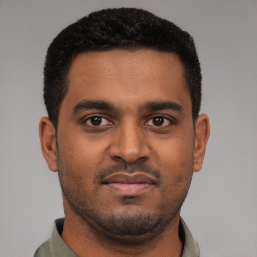 Neutral black young-adult male with short  black hair and brown eyes