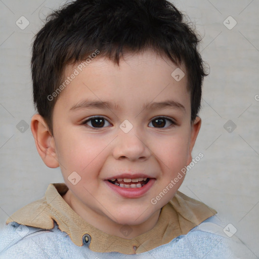 Joyful white child male with short  brown hair and brown eyes