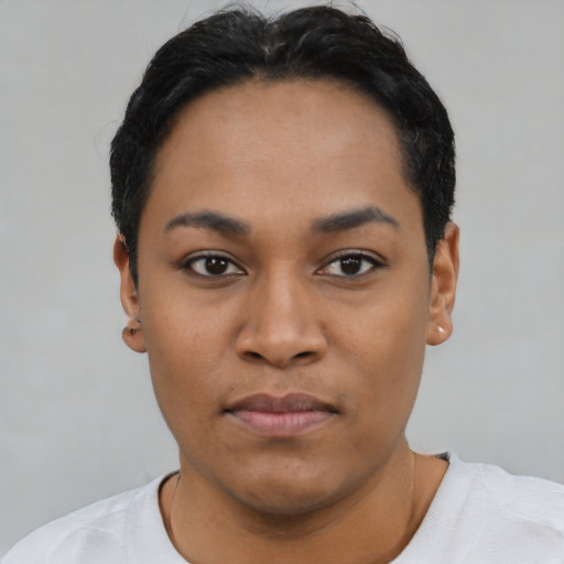 Neutral latino young-adult female with short  black hair and brown eyes