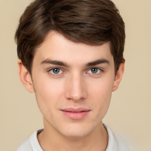 Neutral white young-adult male with short  brown hair and brown eyes