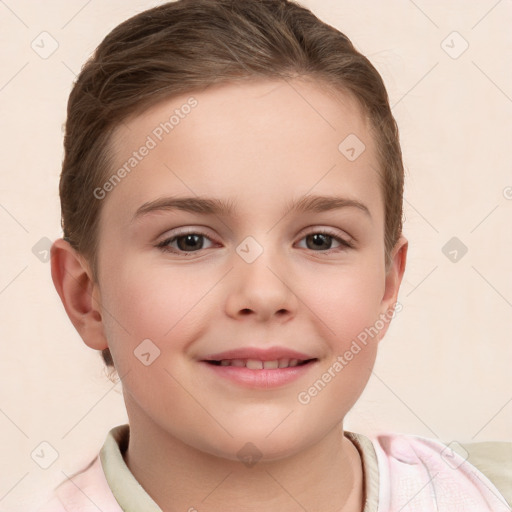 Joyful white child female with short  brown hair and brown eyes