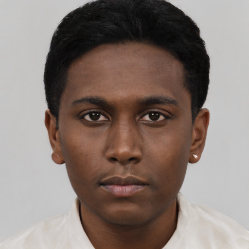 Neutral black young-adult male with short  black hair and brown eyes