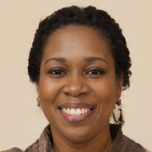 Joyful black adult female with long  brown hair and brown eyes