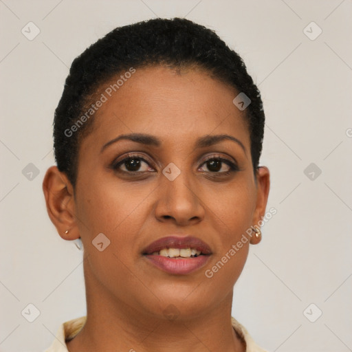 Joyful latino young-adult female with short  brown hair and brown eyes