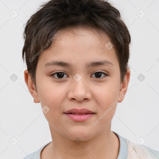 Joyful white child female with short  brown hair and brown eyes