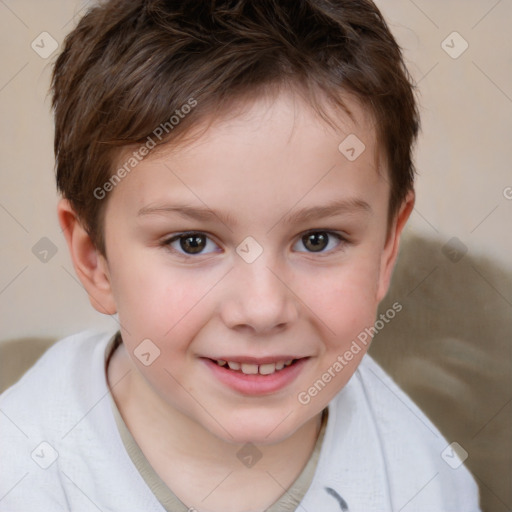 Joyful white child female with short  brown hair and brown eyes