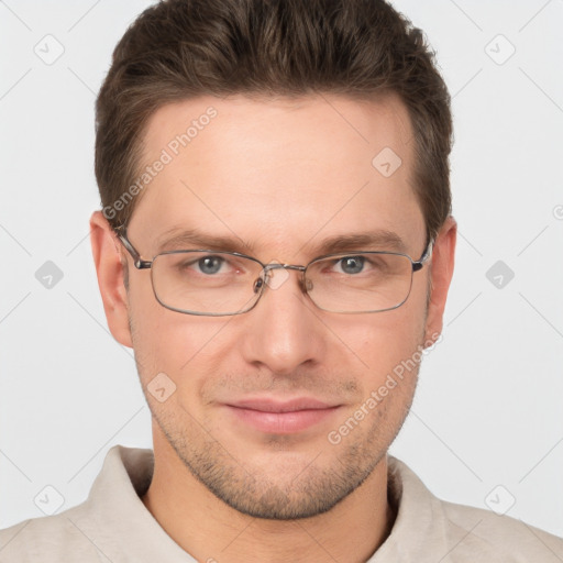 Joyful white adult male with short  brown hair and grey eyes